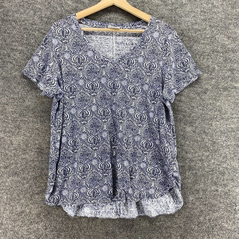 Rachel Zoe T-Shirt Women M/L Blue Geometric Short Sleeve Linen knit Vneck